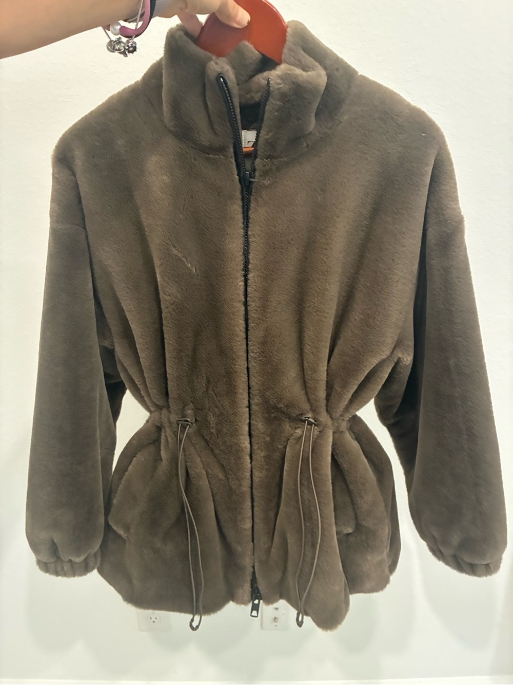 Zara Plush Drawstring Waist Jacket - Brown